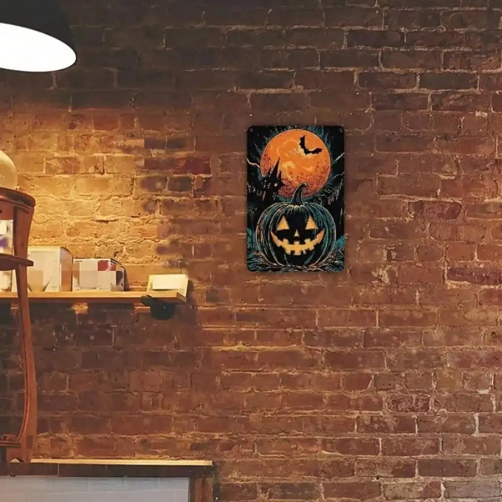 1pc Retro Halloween Metal Sign - Pumpkin Lantern/Ghost Castle Artwork, Horror Theme (Moon+Bats), Durable Decor for Bar Cafe