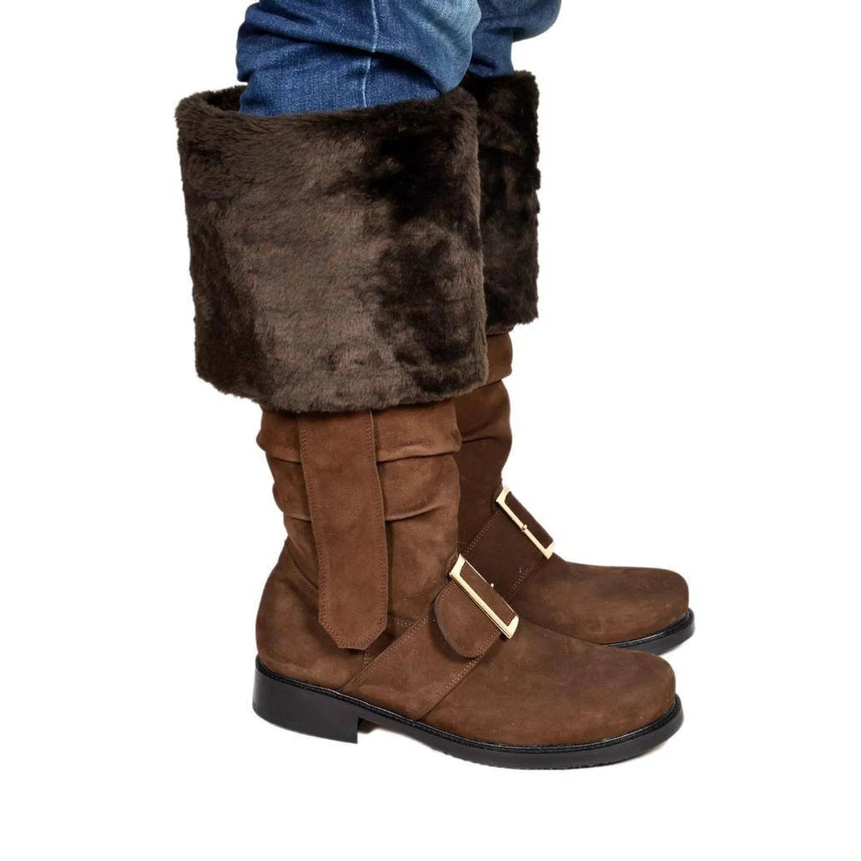 Christmas Santa Claus Boots Men Cosplay New Year Red Black Leather Shoes White Plush Cuffs Foot Halloween Xmas Winter Boots