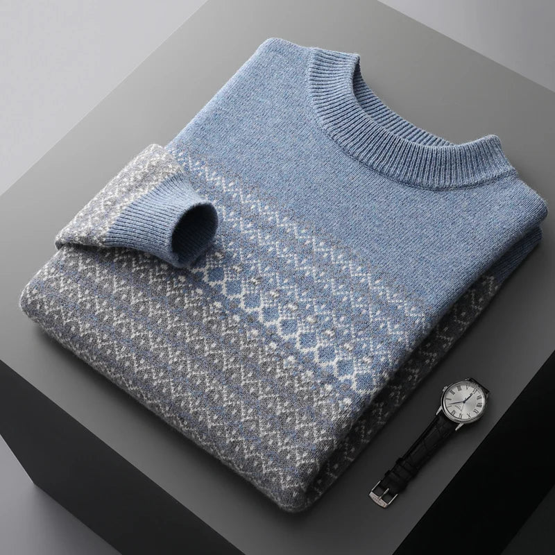 Men's Sweater Pullover Long Sleeve 100 Pure Woolen Sweater Autumn/Winter New Half High Collar Jacquard Knit Thickened Casual Top