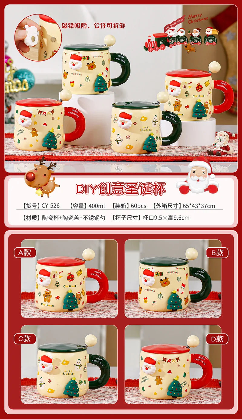 Christmas-themed mugs with magnetic accessories and LIDS, cute ceramic cups, women, couples, office coffee cups