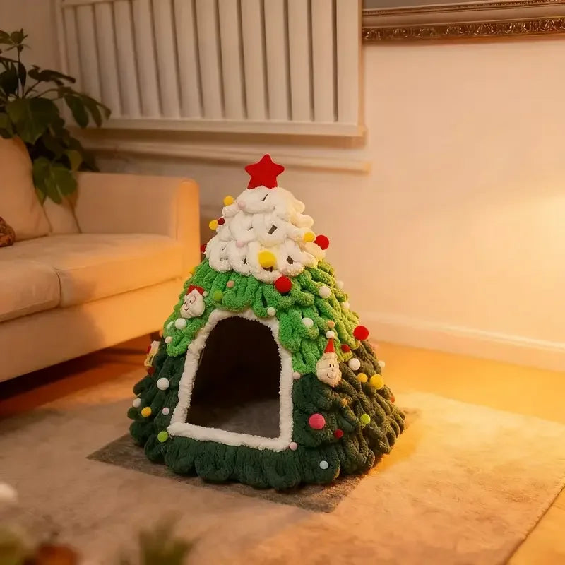 Winter Christmas Tree Cat Nest Handmade /Finished Cat Bed /Winter Warmth Semi Enclosed Dog Nest Felt Cone Pet House 크리스마스 고양이 굴