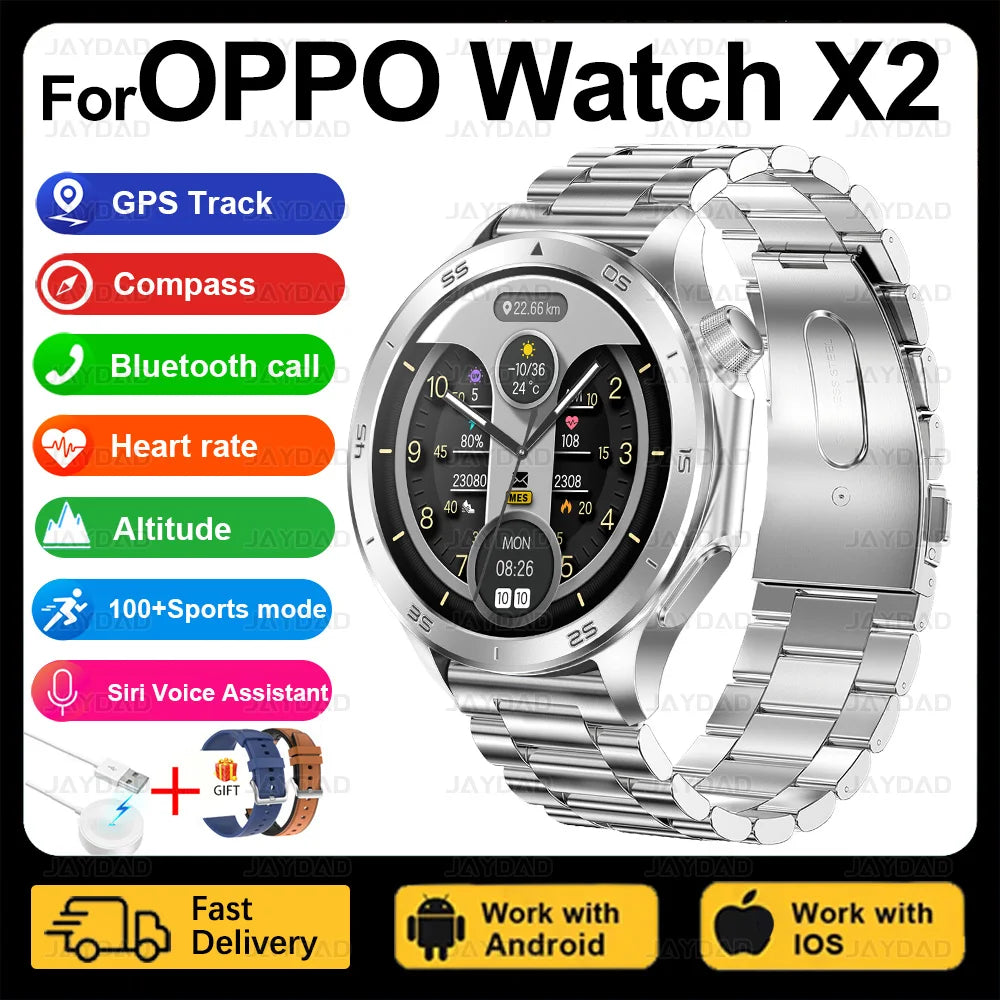 2025 New For OPPO Watch X2 Smart Watch Men AMOLED Outdoor Fashion GPS Compass Heart rate Waterproof Bluetooth Call Smartwatches