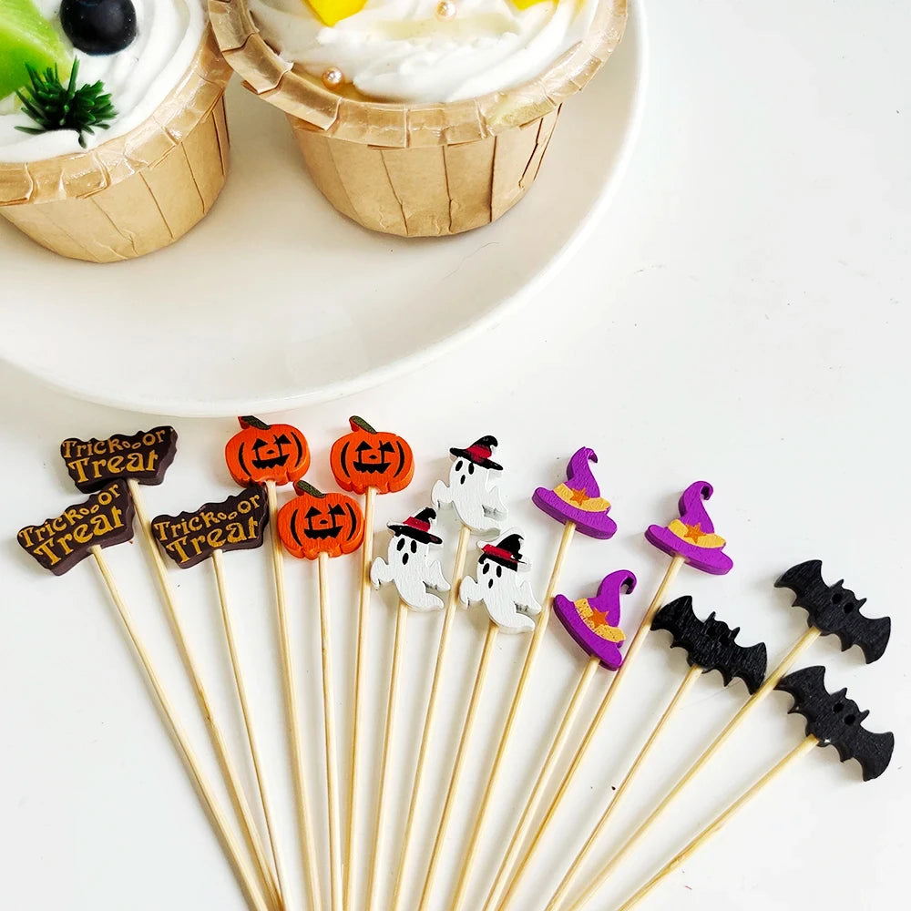 100pcs Halloween Disposable Bamboo Skewers Pumpkin Ghost Fruit Fork Buffet Dessert Cocktail Bamboo Stick Halloween Decoration