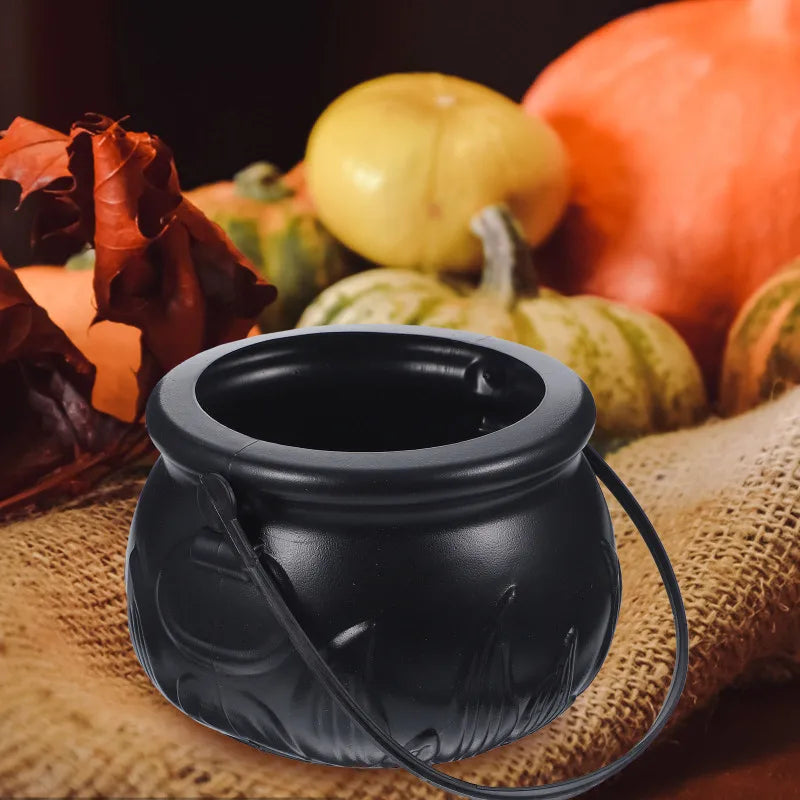 Halloween Themed Decorations Large Size Witch Bucket Plastic Round Basket Candy Cauldron Bucket Witch Basket Plastic Treat Black