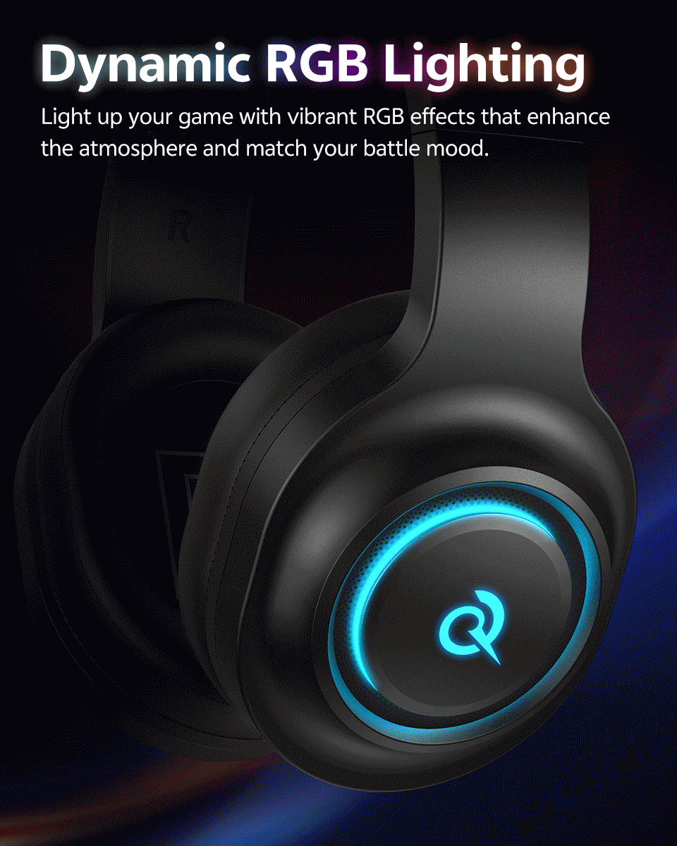 QCY Heroad V200 Gaming Over Ear Headphone Wireless Bluetooth 6.0 with Mic 50mm Driver 7.1 Surround Sound Dynamic EQ RGB Headset