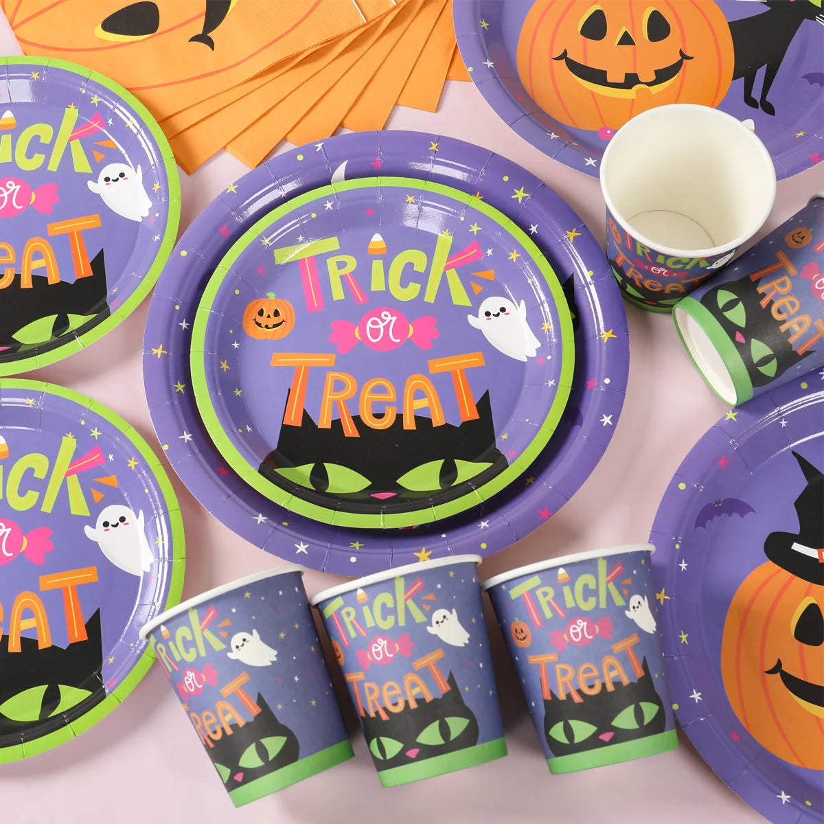 Halloween Pumpkin Black Cat Disposable Tableware Set Halloween Party Decor Kids Favors Trick or Treat  Paper Plates Cup Napkins