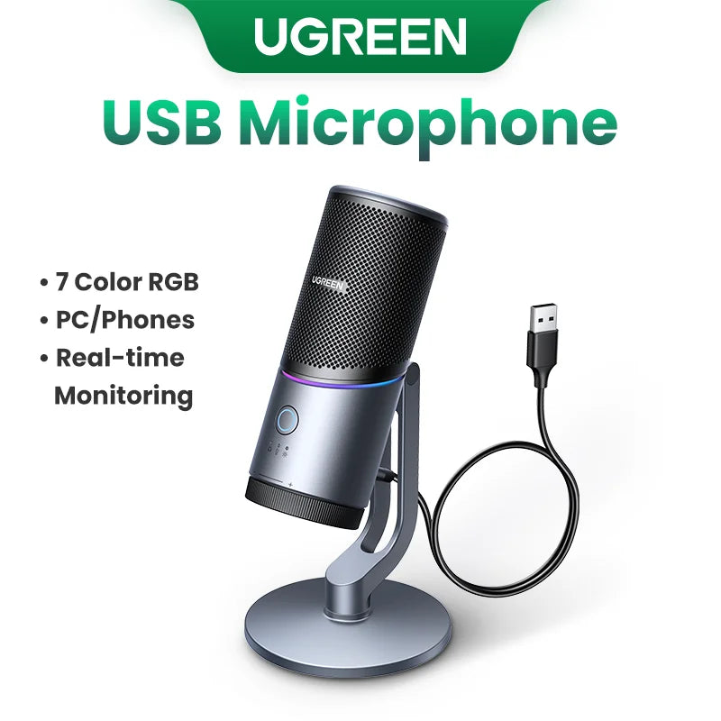 UGREEN USB Microphone with RGB Modes Professional Condenser Mic for PC Mac Gaming Karaoke Recording Streaming Podcasting