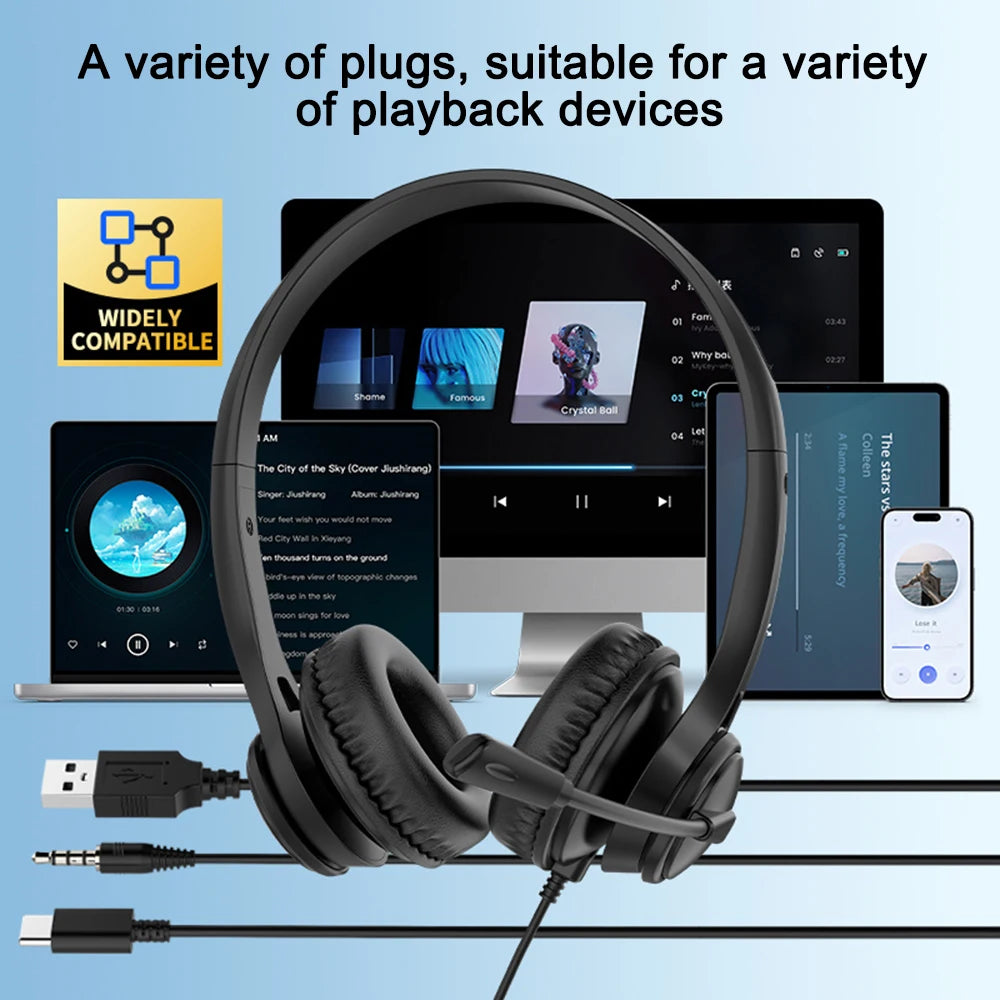 Wired USB Headset Call Center Headphones with Microphone Noise Cancelling Over Gaming Over-Ear Headsets for Computer PC Laptop