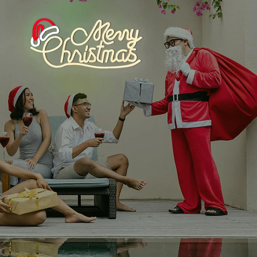 Merry Christmas Neon Sign for Wall Decor,Christmas Neon Sign with Xmas Tree and Santa Hat for  Living Room Home Party Decor