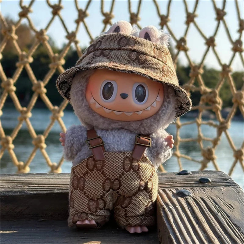 17cm For Labubu Doll Clothing Skirt Bowhair Accessory Set Retro Bib Pants Clothes Luxury Messenger Bag Shoes Set Sitting Party