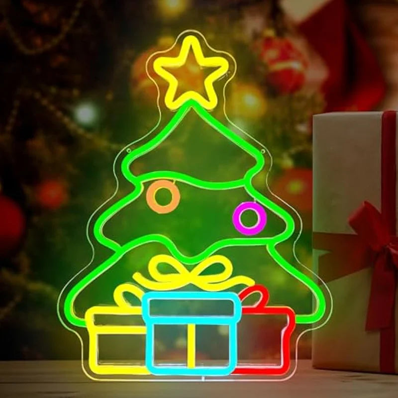 Christmas Neon Sign Tree Gift Box Light Decorations Dimmable LED Light Up Sign for Wall Decor Party Kids Gift Winter Home