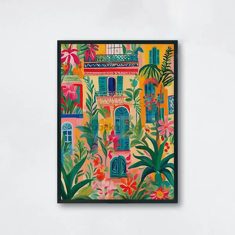 Vibrant Mexican Building Poster  Colorful Floral Botanical Landscape Canvas Prints Wall Art for Home Room Decor