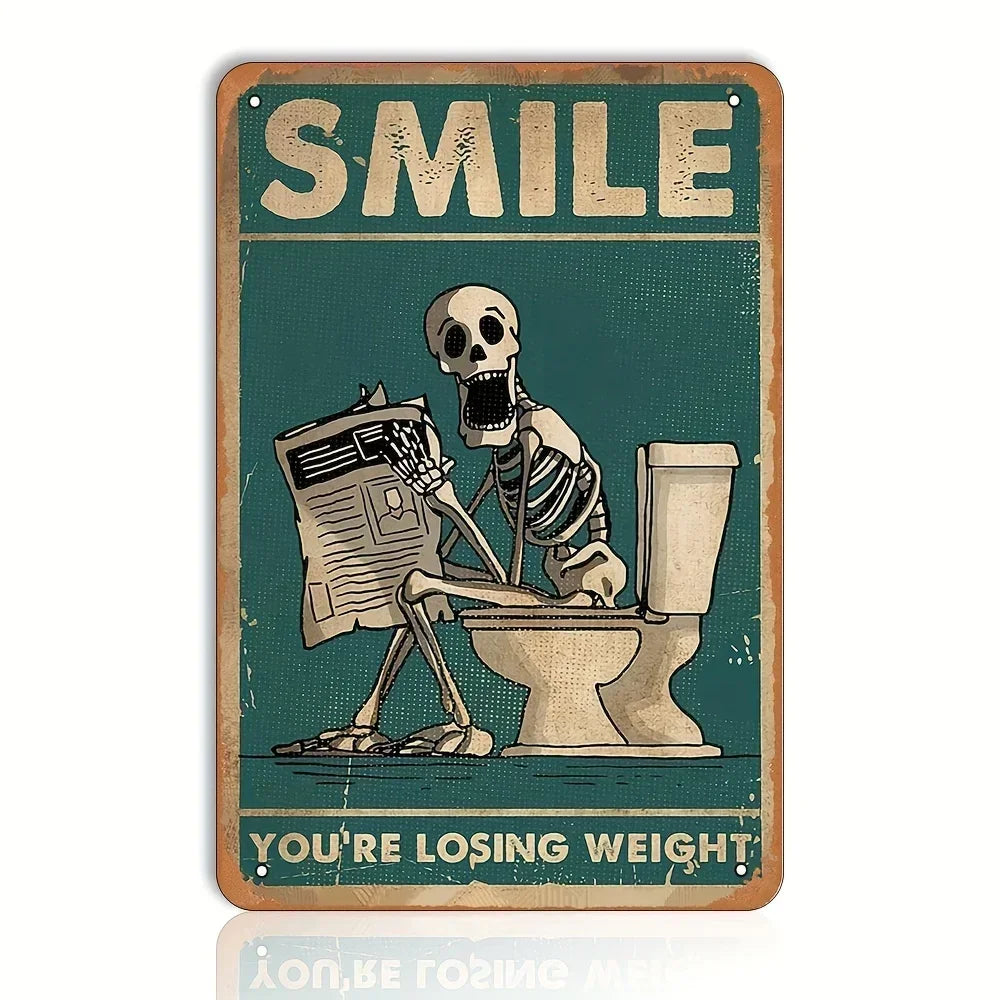 Funny Toilet Bathroom Decor, Skeleton Skull Reading Newspapers Sign, Retro Metal Tin Sign, Vintage Bar Wall Decor Metal Poster