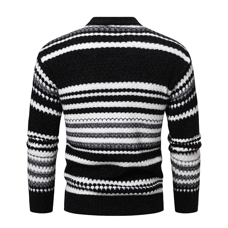 New Autumn Winter Men's Mock Neck Knit Pullovers Fashion Striped Slim Fit Knitted Sweater Men Casual Warm Pullover Knitwear Man