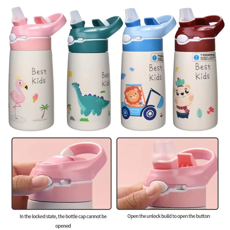 400/500ML Kids Water Bottle Cartoon Dinosaur Thermos Mug Baby Duck Billed Straw 316 Stainless Steel Vacuum Flasks Thermos Bottle