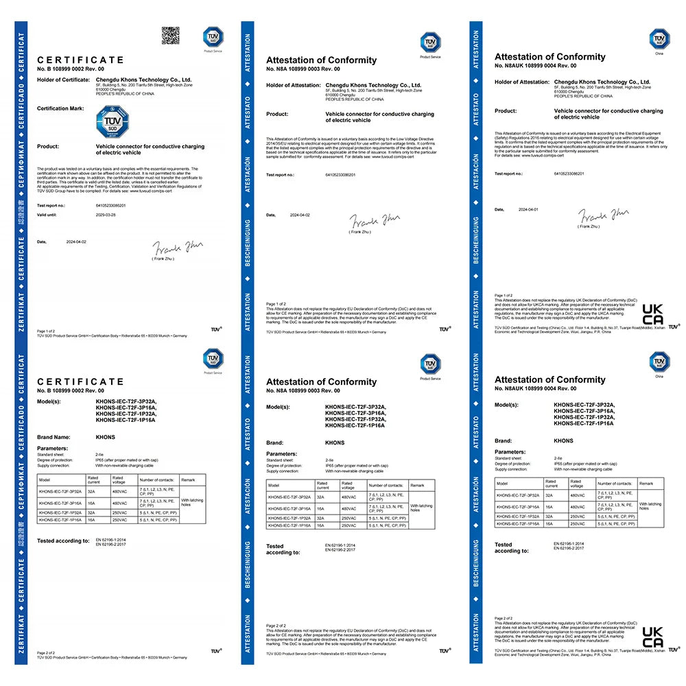 Khons EV Charging Cable Type2 To Type2 Charger Cable 22kw 32A EV Charger Female Plug To Male Plug EVSE Charging 5M TPU Cable