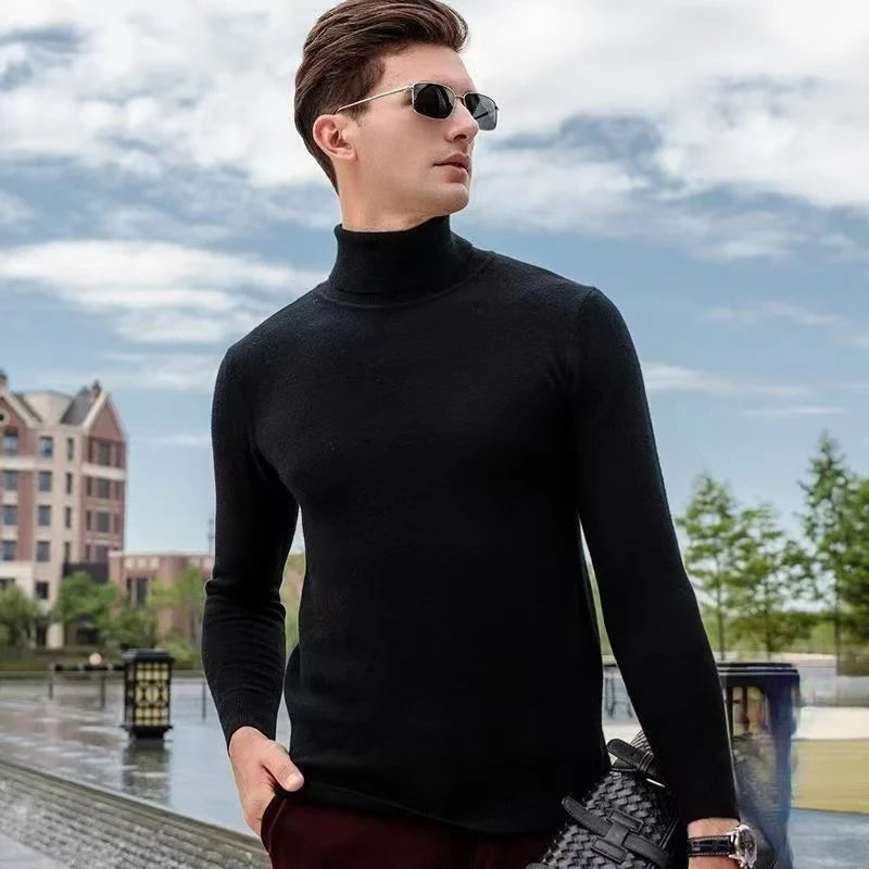 Men's 100% Pure Wool Pullover Sweater For Autumn Winter High Collar Knitted Long Sleeved Loose Solid Color Casual Simple Warmtop
