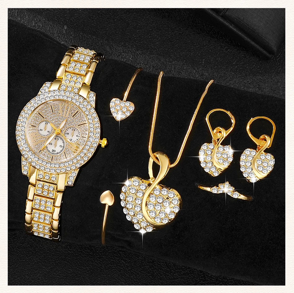 Women's Quartz Watch Gold Luxury Women Ring Necklace Earring Rhinestone Fashion Wristwatch Casual Ladies Watches Jewelry Set