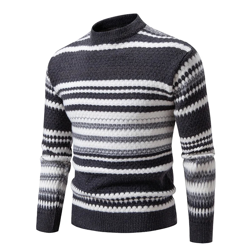 New Autumn Winter Men's Mock Neck Knit Pullovers Fashion Striped Slim Fit Knitted Sweater Men Casual Warm Pullover Knitwear Man