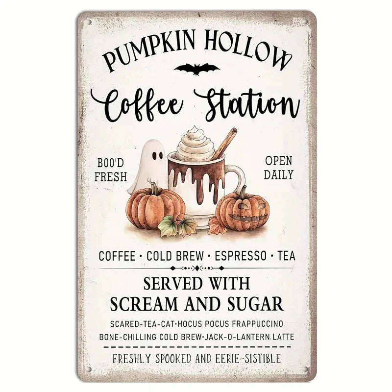 Vintage Pumpkin Hollow Coffee Station Metal Tin Sign Crafts Retro Haunted House Decor for Farmhouse Halloween Kitchen Wall Art