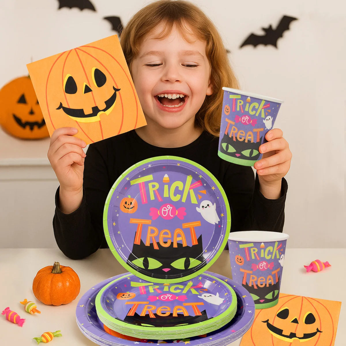 Halloween Pumpkin Black Cat Disposable Tableware Set Halloween Party Decor Kids Favors Trick or Treat  Paper Plates Cup Napkins