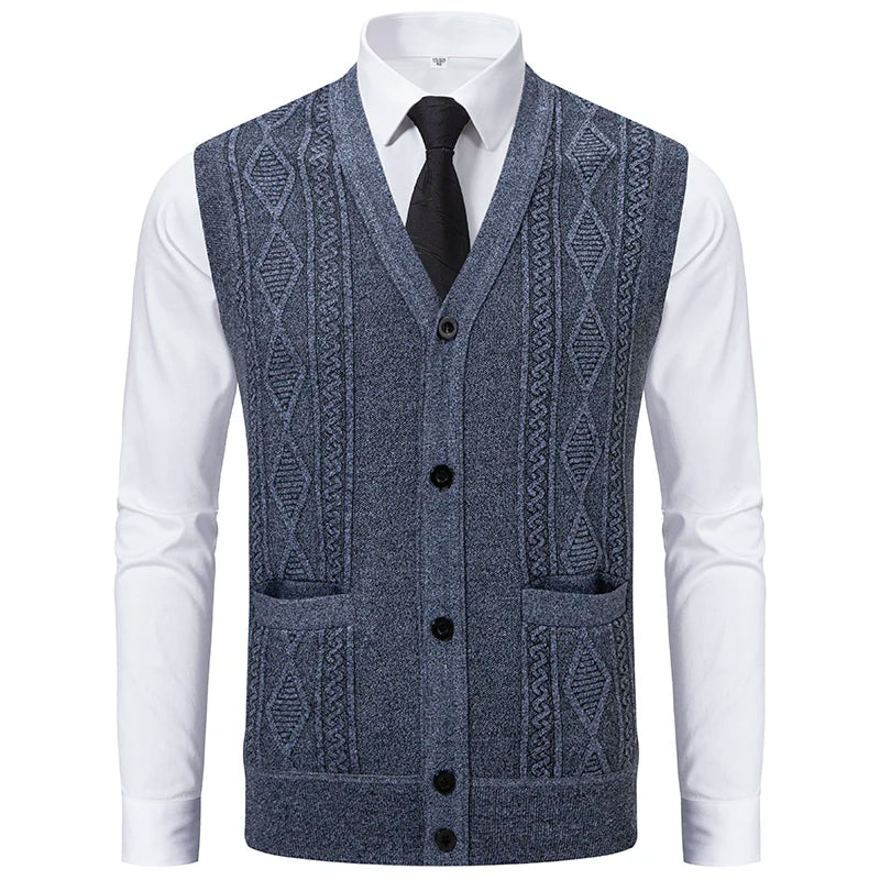 Autumn Winter Warm Slim Fit Knit Vests Men V-Neck Solid Color Smart Casual Knitted Waistcoat Mens Geometric Sleeveless Knit Vest