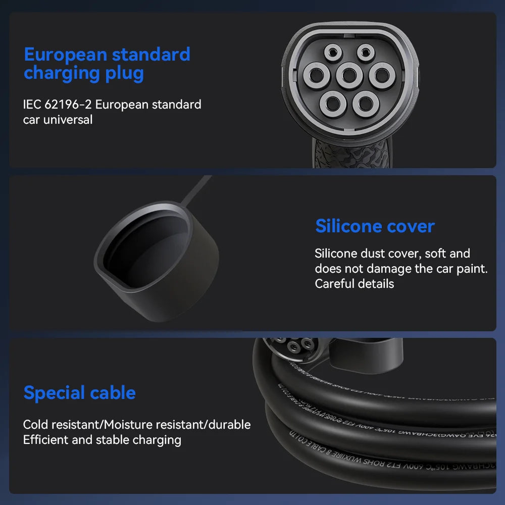 Khons EV Charging Cable Type2 To Type2 Charger Cable 22kw 32A EV Charger Female Plug To Male Plug EVSE Charging 5M TPU Cable