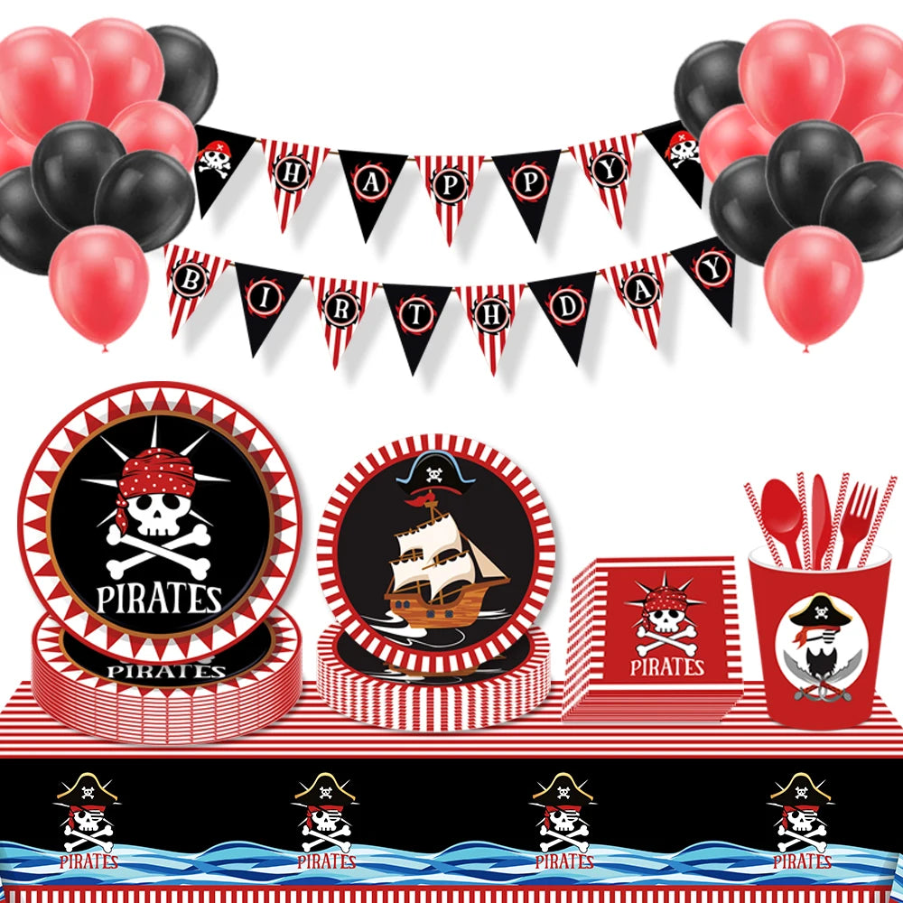Red Black Pirate Nautical Theme Party Decorations Tableware Set for Halloween Christmas Birthday Events