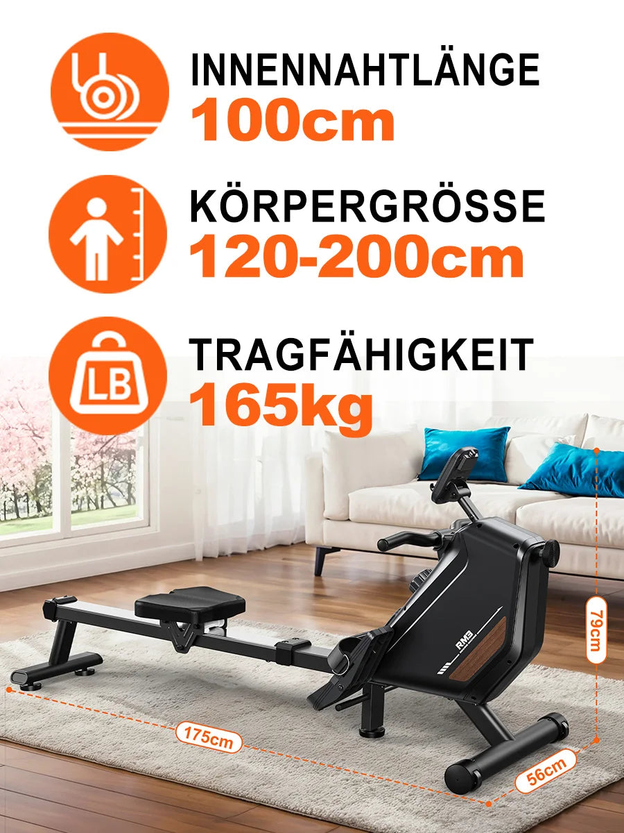 MettleMatic RM3 Foldable Rowing Machine, 300N Magnetic Resistance, 16 Levels, Bluetooth, 150kg Capacity
