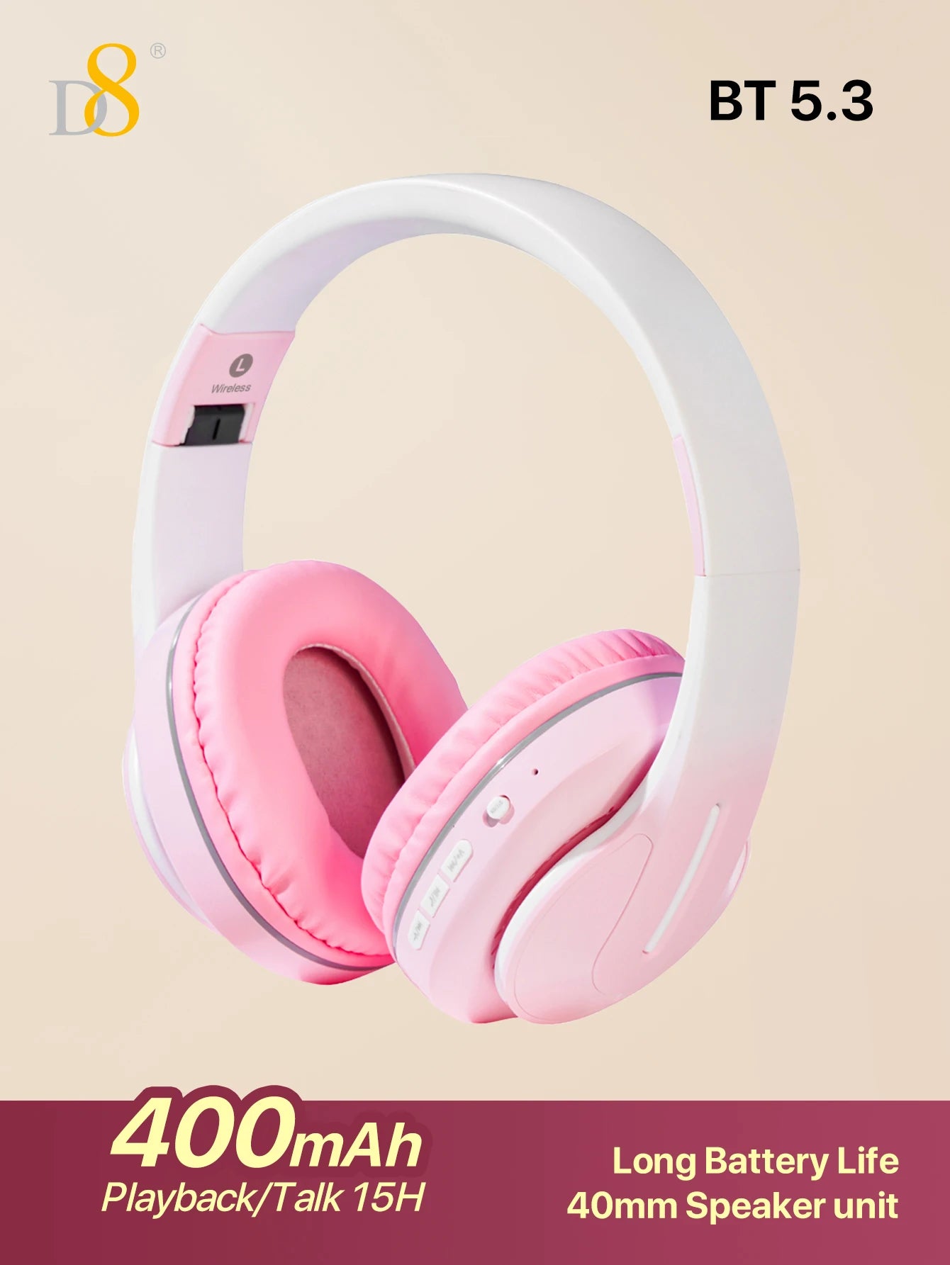 D8 Over Ear  Headphones,  Wireless and Wired Headset Built-in Microphone,  Micro SD Card Slot - (Stealth)  40H Playtime