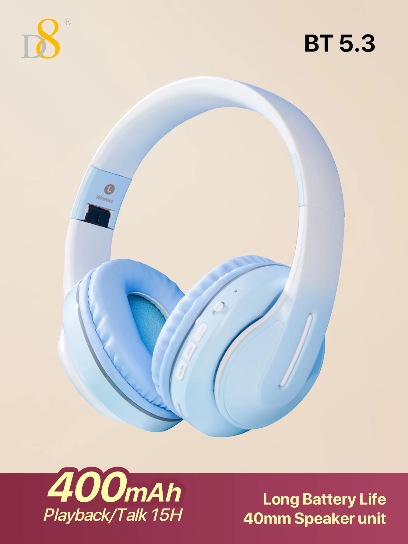 D8 Over Ear  Headphones,  Wireless and Wired Headset Built-in Microphone,  Micro SD Card Slot - (Stealth)  40H Playtime