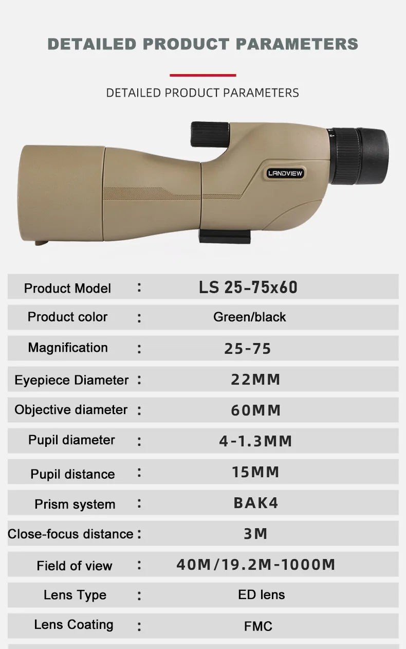 HD 25-75x60 Spotting Scope for Target Shooting with Carrying Pouch BAK4 Monocular Telescope FMC Lens for Hunting Birdwatching