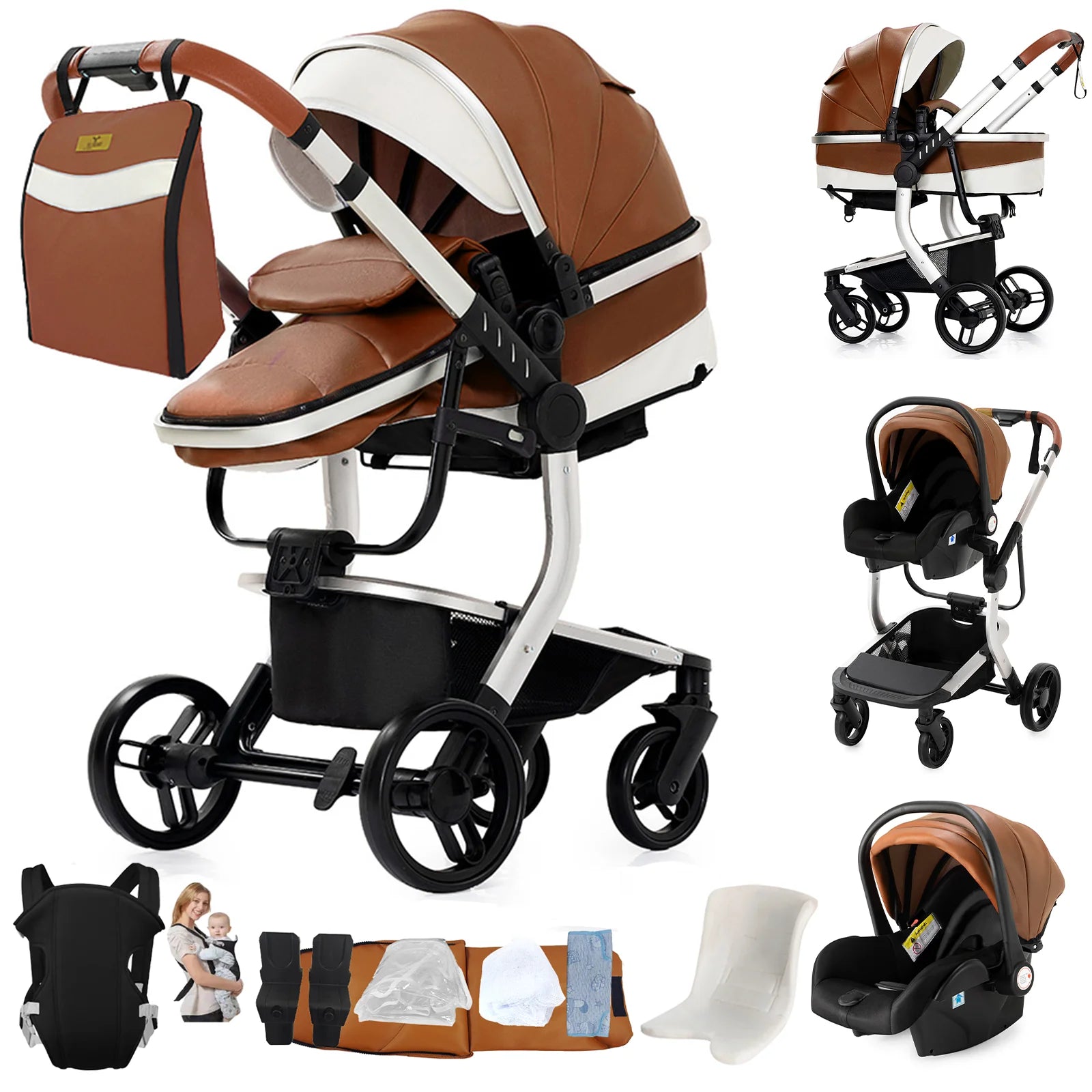 Ultimate 3-in-1 Lightweight Baby Stroller Travel System Convertible Pram & Carriage with PU Wheels for All-Terrain, Compact Fold