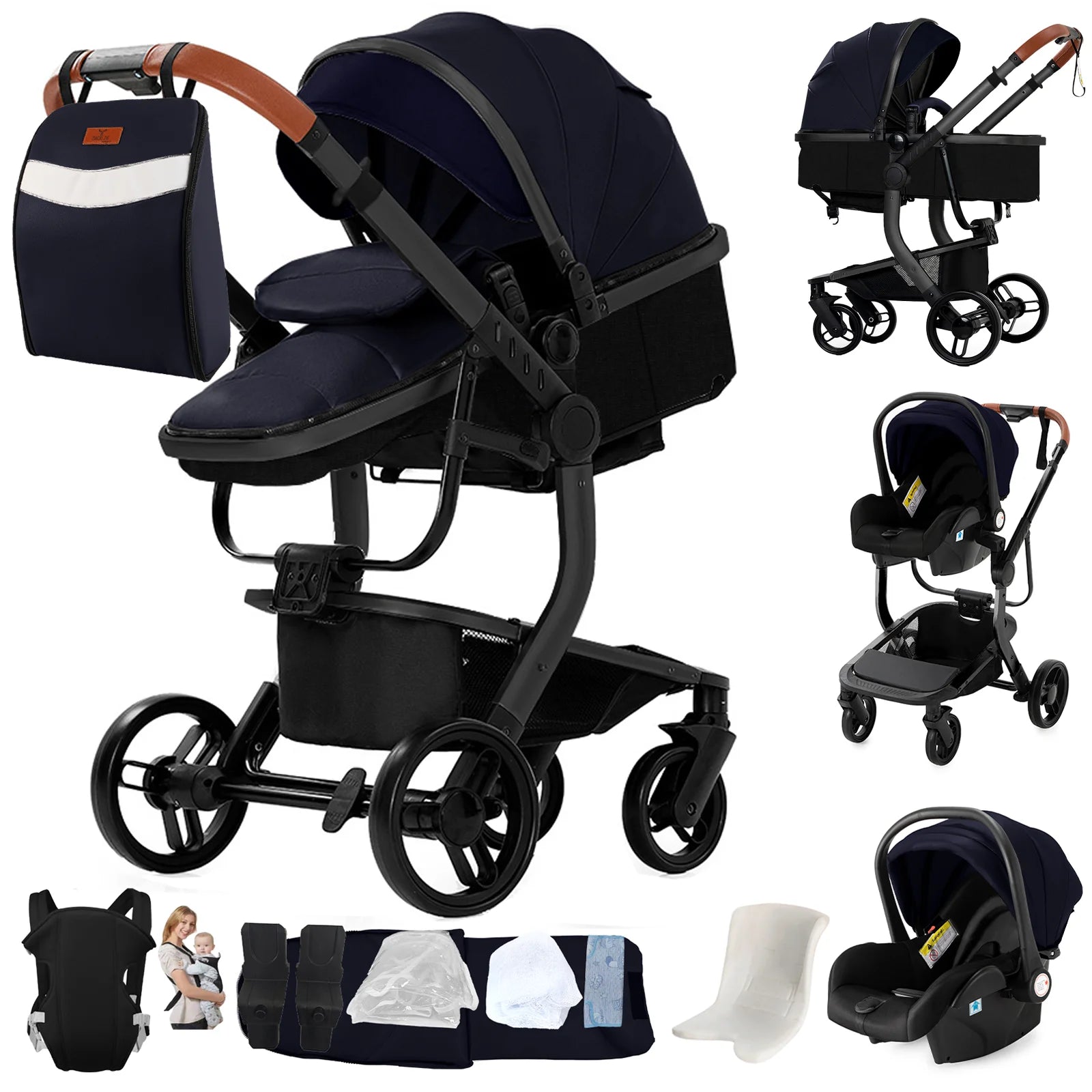 Ultimate 3-in-1 Lightweight Baby Stroller Travel System Convertible Pram & Carriage with PU Wheels for All-Terrain, Compact Fold
