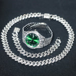 3pcs Men's Silver Watch Set Hip-hop Punk Inlay Diamond Watch+Cuban Chain+Bracelet Comes With Strap Adjuster Stylish Jewelry Gift