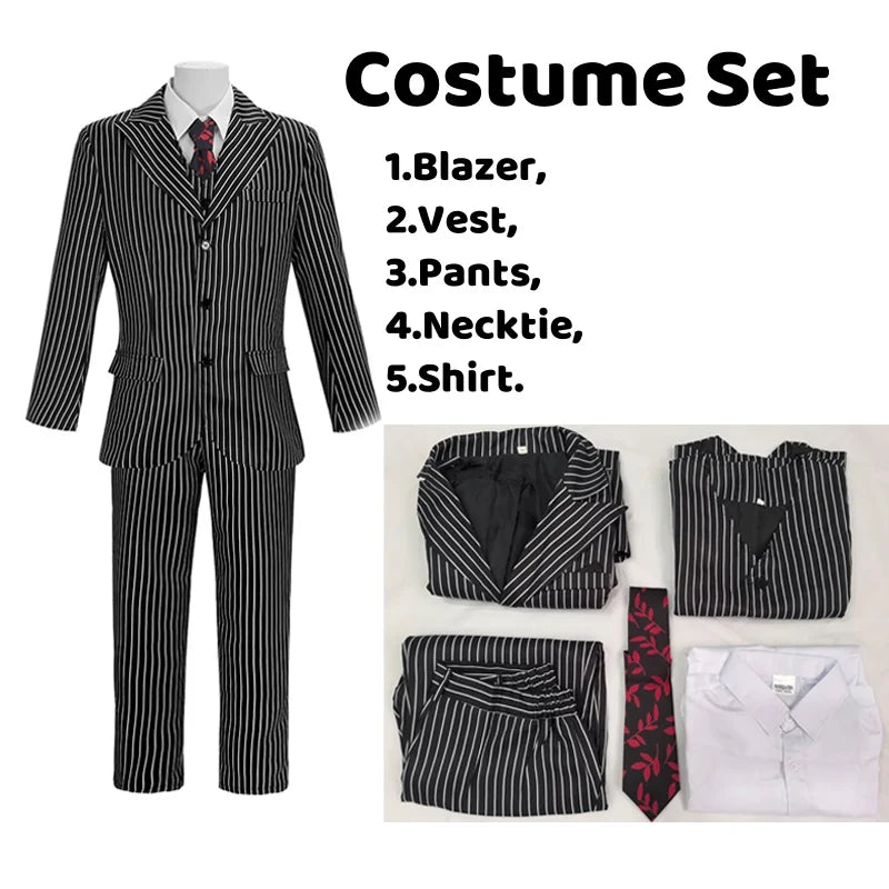 Wednesday The Addams Family Gomez Addams Cosplay Costume Black Striped Blazer Pants Vest Shirt Tie Set Halloween Carnival Outfit