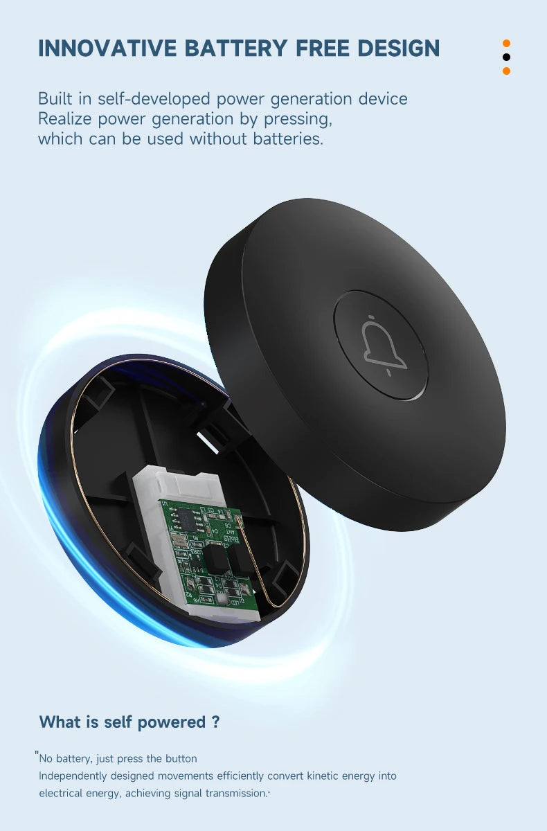 Circular Black Self Powered Wireless Doorbell AC 110v 220v US/EU Plug With 60 Rings Waterproof Long-Distance Kinetic Door Bell