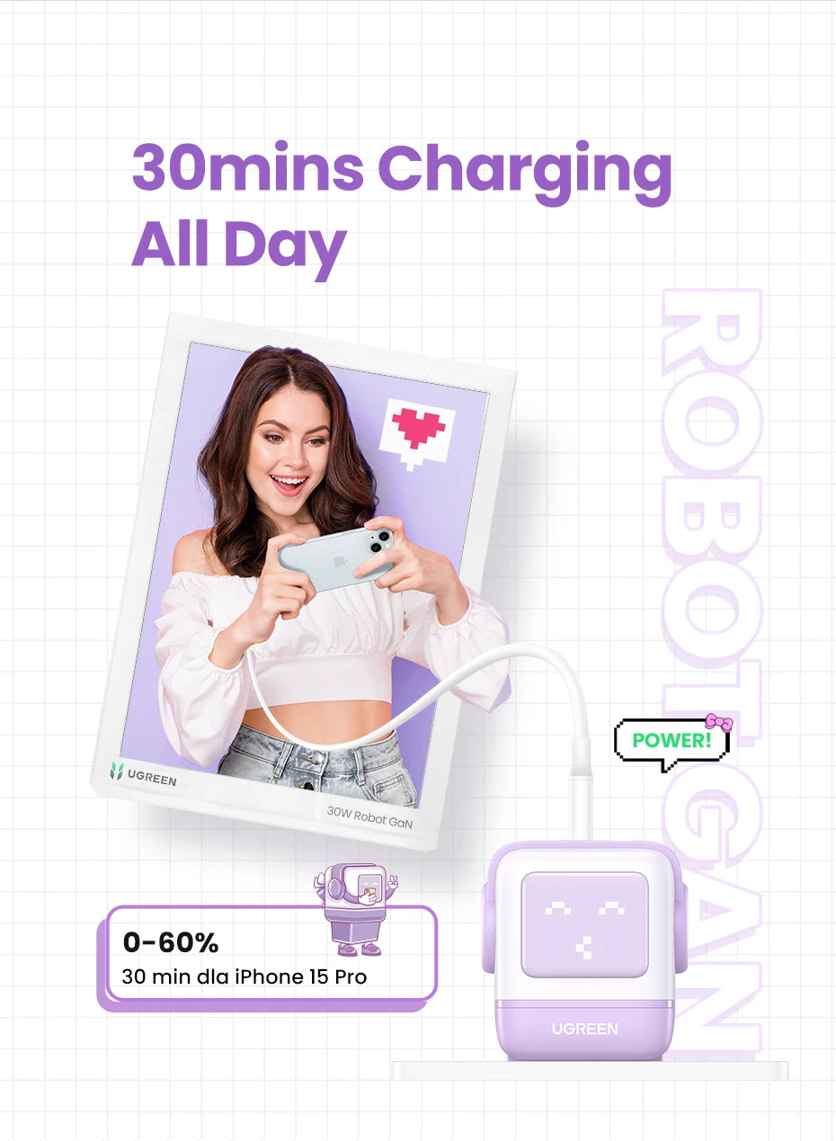UGREEN 65W GaN Charger Uno Robot Design Quick Charge 4.0 3.0 PPS for iPhone 17 16 Pro Macbook Air Laptop Tablet PD Fast Charger