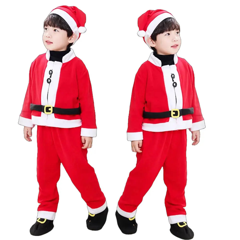 Winter Kids Warm Christmas Party Costume Coat+Pants+Hat+Shoes Covers Boys and Girls Santa Claus Role Play Outfit Xmas Clothing