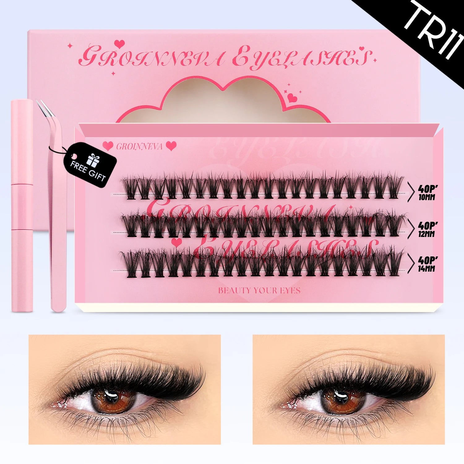 GROINNEYA DIY Lash Clusters Set Mixed Tray Lashes Kit Fluffy Individual Lashes Extension with Lash Bond and Seal At Home Makeup