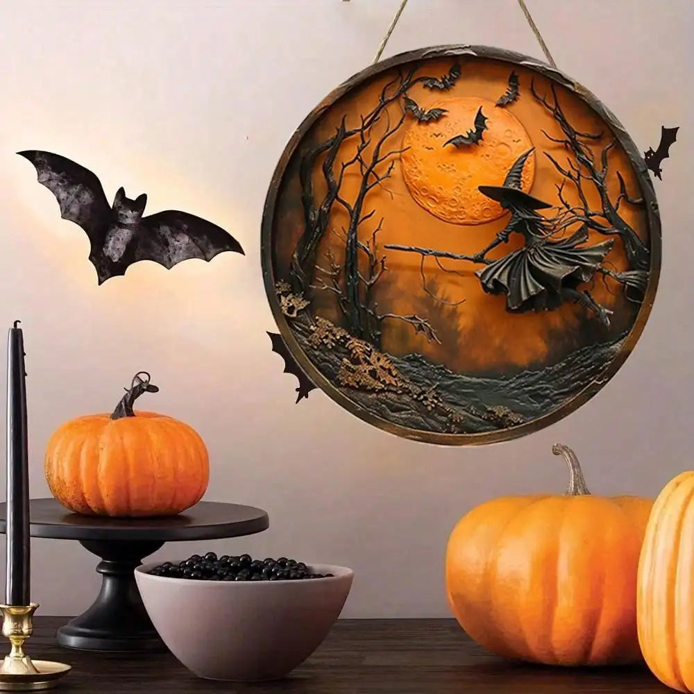 1pc Halloween 3D - Effect Witch Wall Decor, Round Hanging Sign with Bat & Moon Scene, Spooky Festive Home Decoration