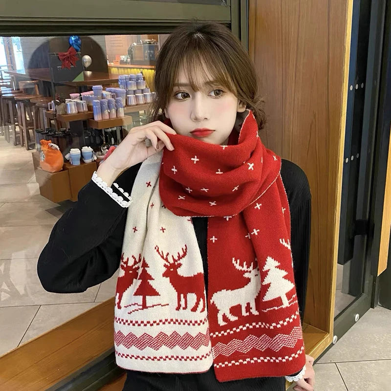 Christmas Scarf for Women and Men, Cute Deer Elk Knitted Winter Warm Woolen Shawl, Girls Christmas Present