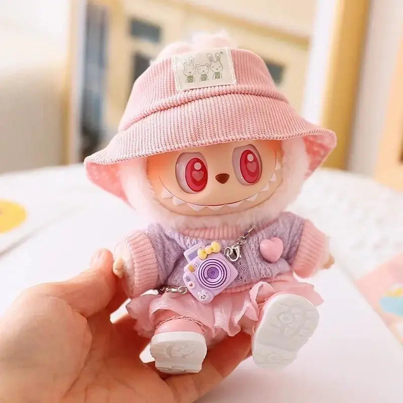 17cm Mini Plush Doll'S Clothes Outfit Accessories For Korea Kpop Exo Labubu Idol Dolls Corduroy overalls T-shirt Clothing Gift