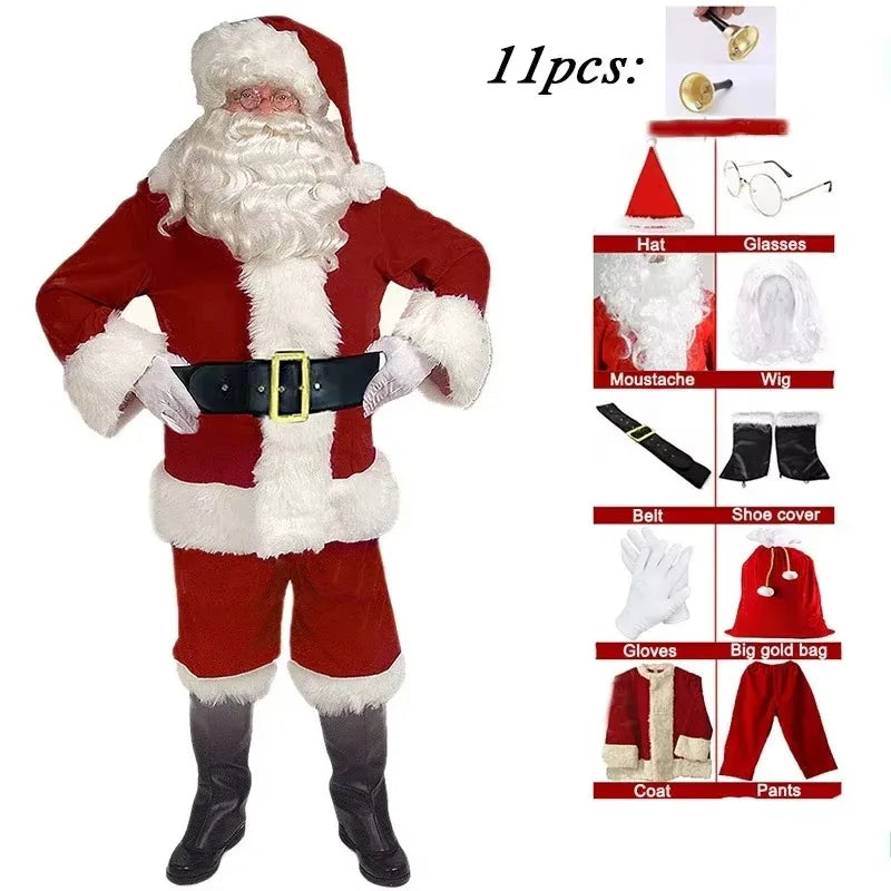 Santa Claus Costume Christmas Complete Dress-Up Outfit For Adult Santa Suit With Hat Men Cosplay Costumes 7PCS