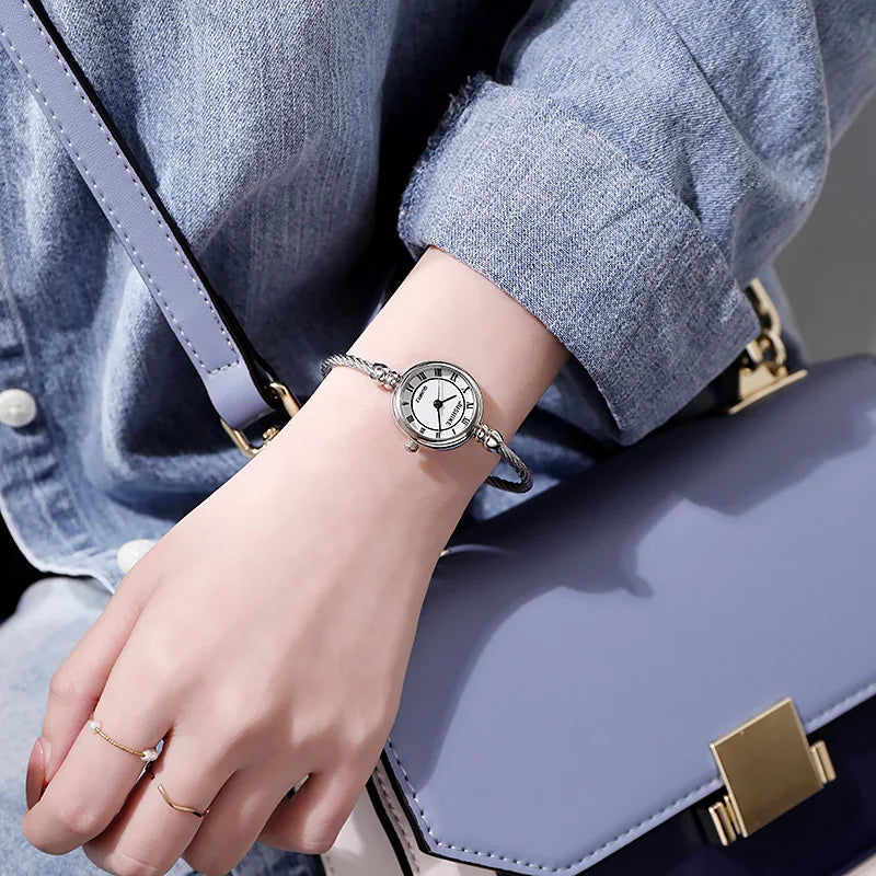 YIKAZE Small Gold Bangle Bracelet Luxury Watch Stainless Steel Retro Ladies Quartz Wristwatch Fashion Casual Thin Chain Watches