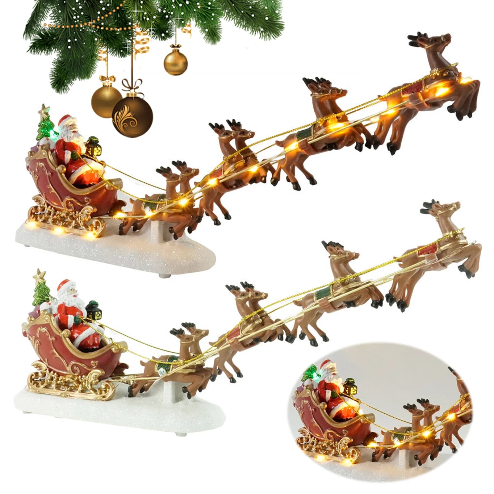 Christmas Santa Claus Sleigh and Reindeer Figurine with LED Lights Holiday Ornament Xmas Home Tabletop Decoration Gift