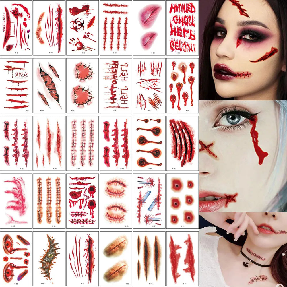 30pcs Waterproof Halloween Tattoo Stickers Bleeding Wound Scar Temporary Tattoos for Women Men Fake Tattoo For Halloween Party