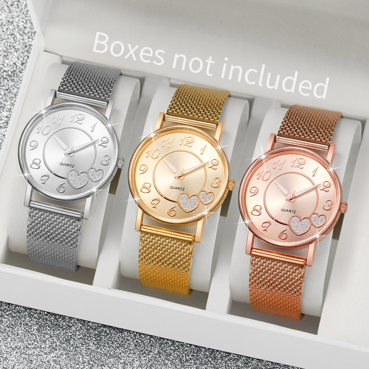 3/6PCS Fashion Heart Women's Watch Plastic Band Analog Golden Quartz Watches Butterfly Jewelry Set(Without Box)