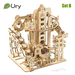 Ury 3D Wooden Puzzles Electric Catapult Track Device Marble Run Set Mechanical Model Science Maze 7 Balls Assembly Gift for Kids
