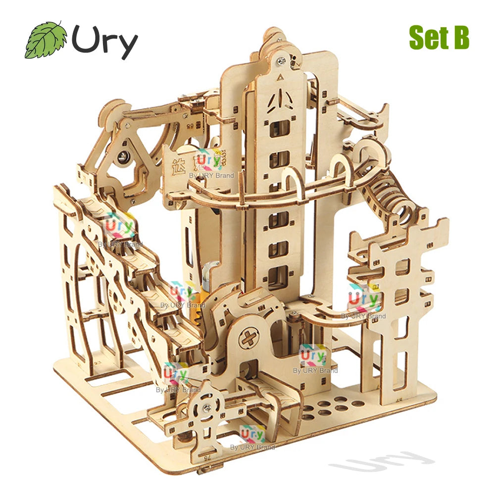 Ury 3D Wooden Puzzles Electric Catapult Track Device Marble Run Set Mechanical Model Science Maze 7 Balls Assembly Gift for Kids
